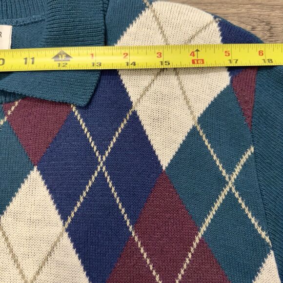 VTG Alfred Dunner Sweater 80s Sz L Diamond Argyle Collared Green Made USA Unisex - Picture 6 of 9